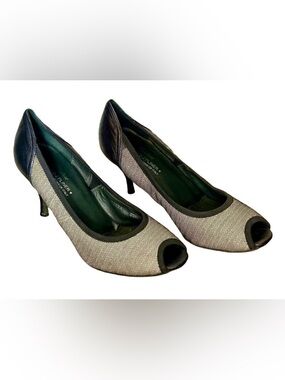 Italian Couture Donald J. Pliner Designer Black & Tan Peep-Toe Heels, 8 1/2 M